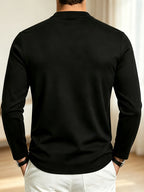 Men Spring Autumn Textured Mandarin Collar Henley 5-button Long Sleeve Top. Slim Soft Breathable Wrinkle-resistant Long Tee for Daily Business Commute & Casual Wear. - Black