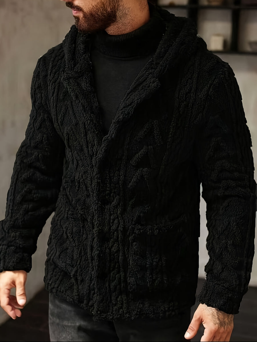 Men'S Casual Solid Color Hooded Jacket, Suitable for Autumn/Winter Outings, Men'S Plush Cardigan Men'S Snow Parka Hooded Cardigan Men'S Teddy Fleece Cardigan - Black