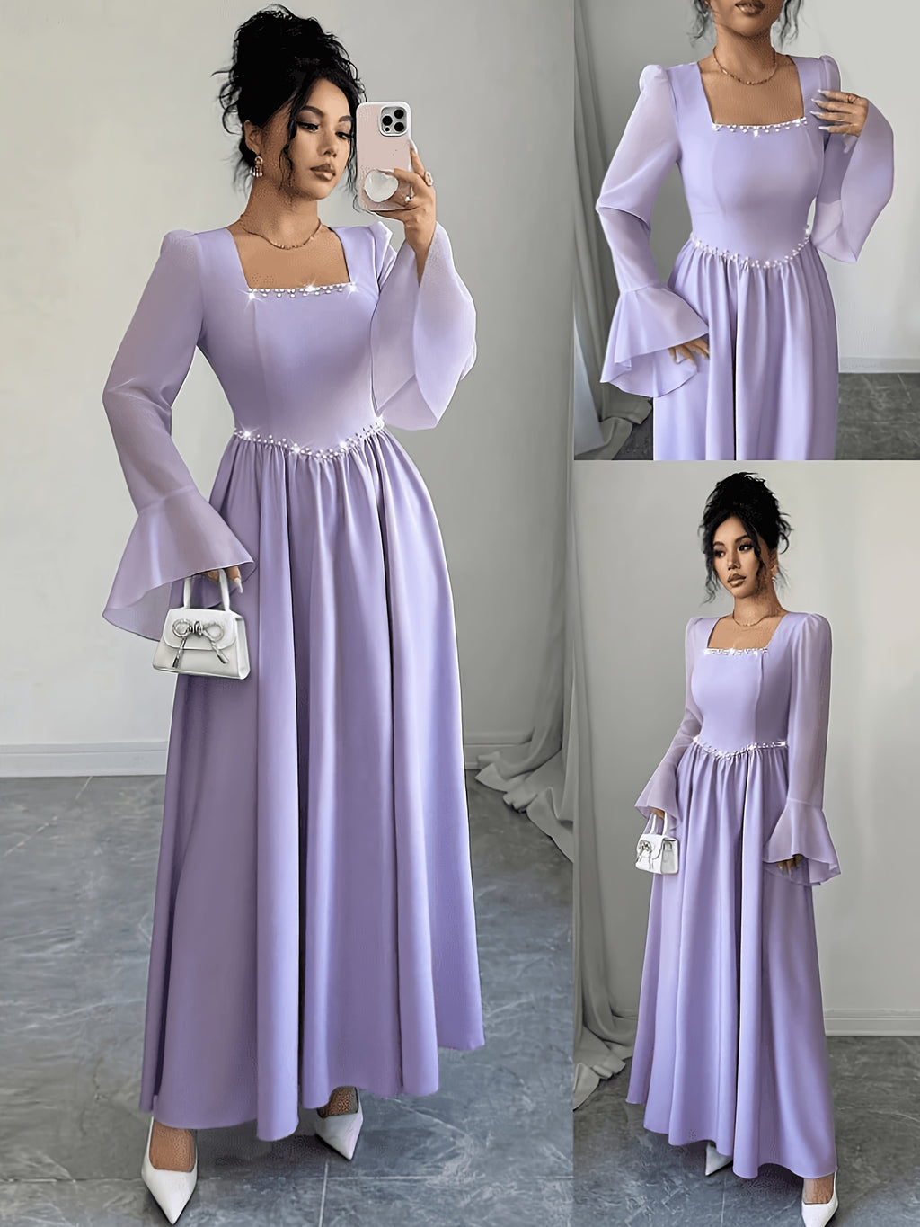 Women'S New Square Neck Pearl Embellished A-Line Waist Trumpet Sleeve Sweet Romantic Elegant Date Party Formal Evening Dress, Bridesmaid Dress - Purple