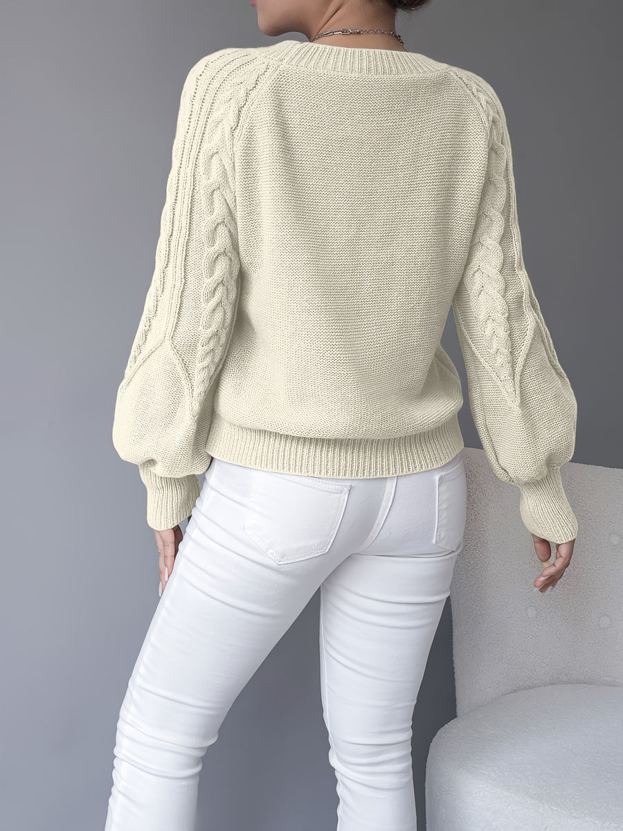 Chunky Lantern Sleeve Sweater, Women'S Crew Neck Textured Pullover Sweater - Apricot