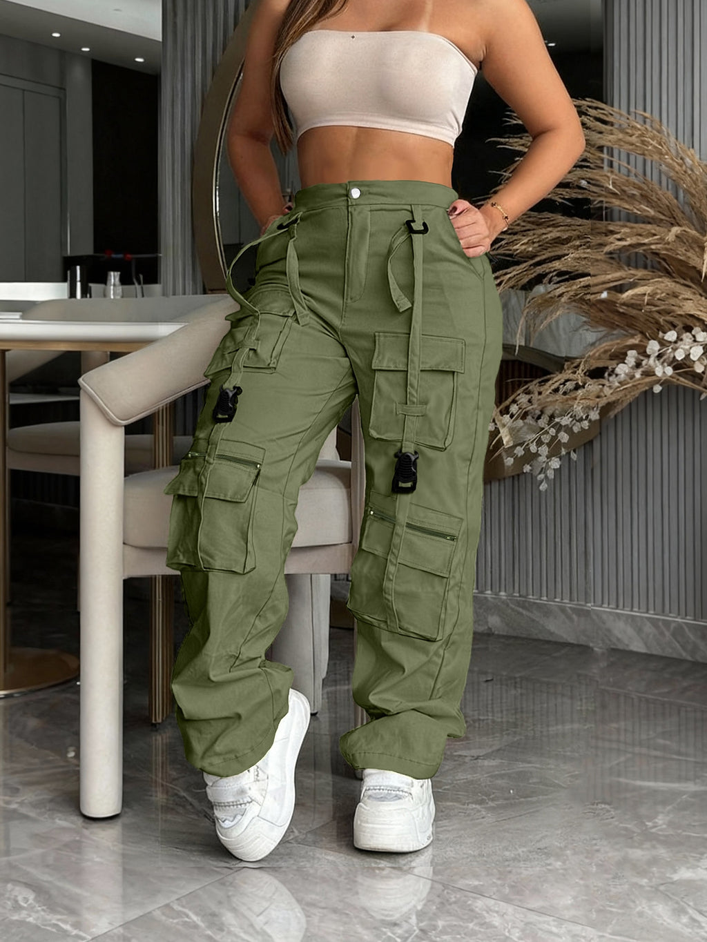 Multi-Pocket Cargo Pants, Retro Straight Wide-Leg Casual Trousers, Fashionable Trendy for Outings And Home - Olive Green