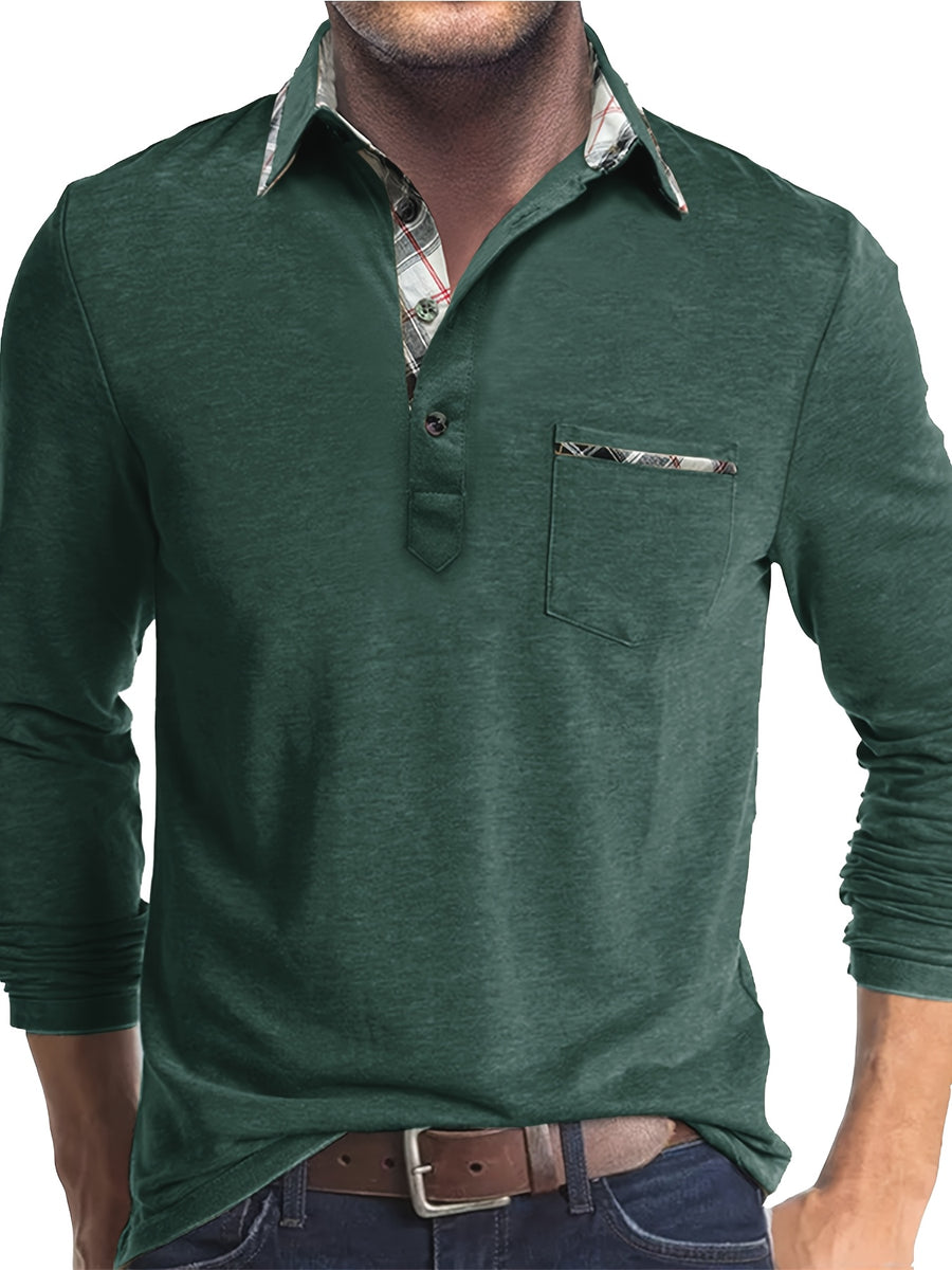 Spring and Autumn Fashion Men's Lapel Pocket Polo Shirt, Solid Color Casual Commuter Pocket Top - Olive Green