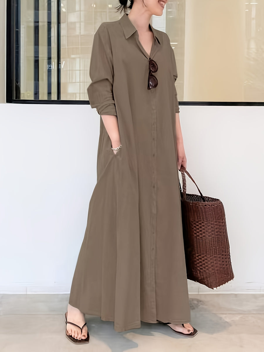 In Stock European And American New Solid Color Lapel Long Sleeve Pocket Easy Loose Casual Long Dress 1pc - Coffee Color