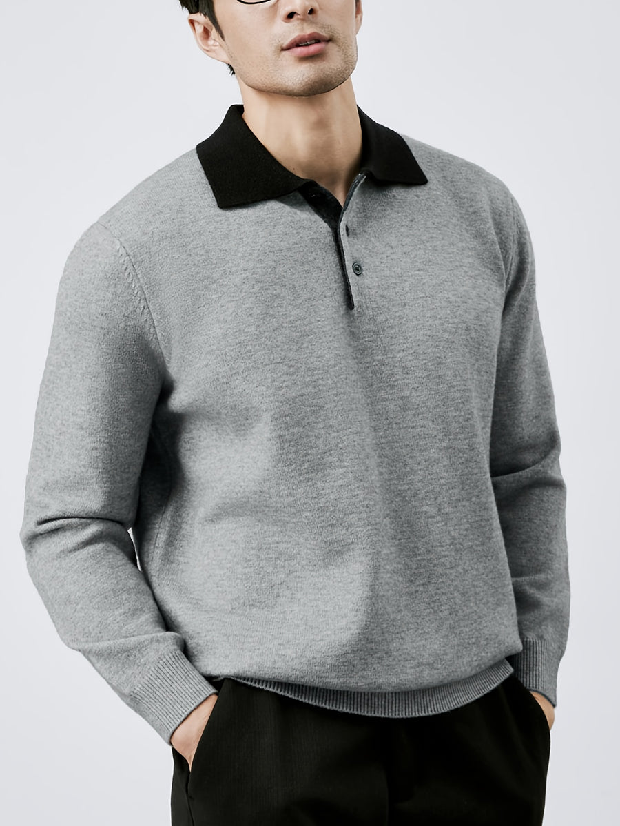 Men's Autumn Winter Casual Versatile Warm Long Sleeve Knit Sweater Fashion Contrast Color Neck Knit Base Layer Sweater - Grey