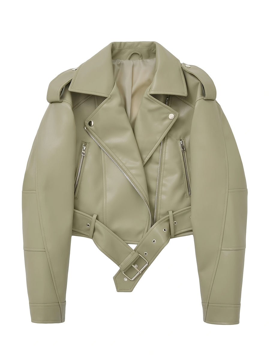 2025 Short Faux Leather Jacket Spring Autumn American Retro Temperament Biker Jacket Top Women'S Clothing - Light Green