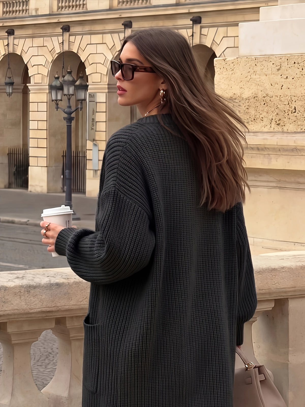Women'S Solid Color Casual Long Sleeve Off-Shoulder Long Autumn Winter Coat - Pure Black