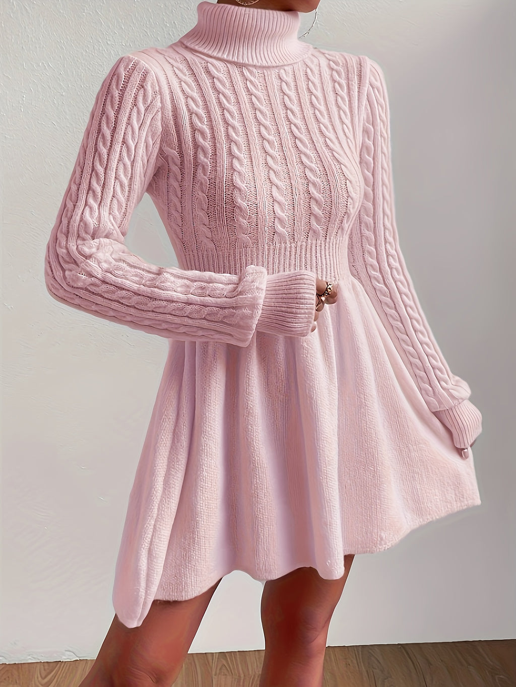 High-Neck Pink Mini Sweater Dress A-Line Dress Christmas Sweater Dress for Women - Pink Color