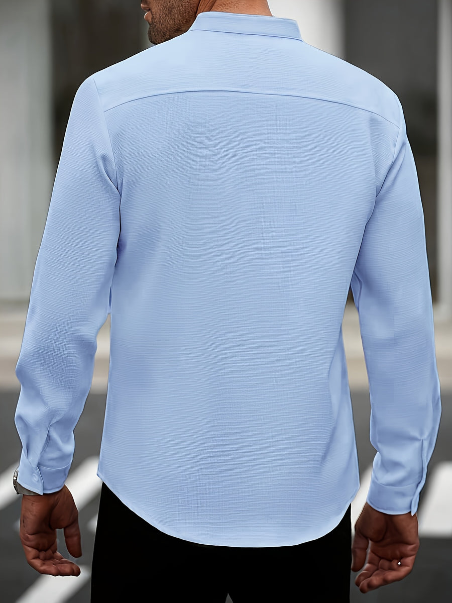 Cross-Border Men'S Casual Mandarin Collar Long Sleeve Shirt - Sky Blue