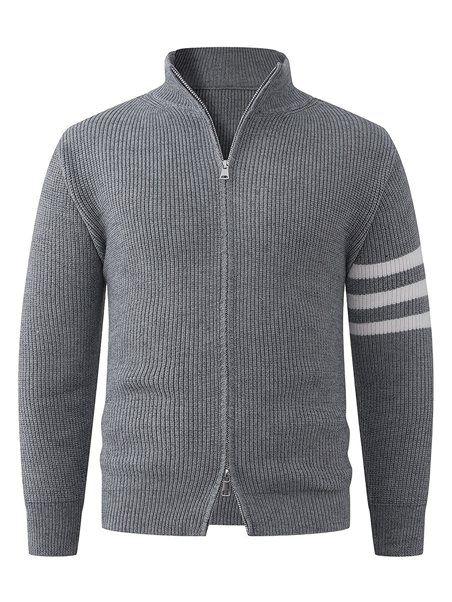 Autumn/Winter New Arrival Half-Turtleneck Striped Knit Cardigan Sweater for Men, Relaxed Style Pullover Jacket Top - Grey
