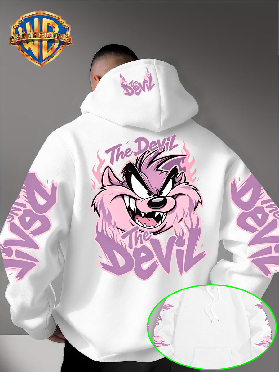 Le Yitong Tasmanian Devil Big Mouth Monster Print Hoodie, with Sleeve Print Design, Kangaroo Pouch And Drawstring Hood, Suitable for Autumn/Winter Casual Wear And Outdoor Activities - White