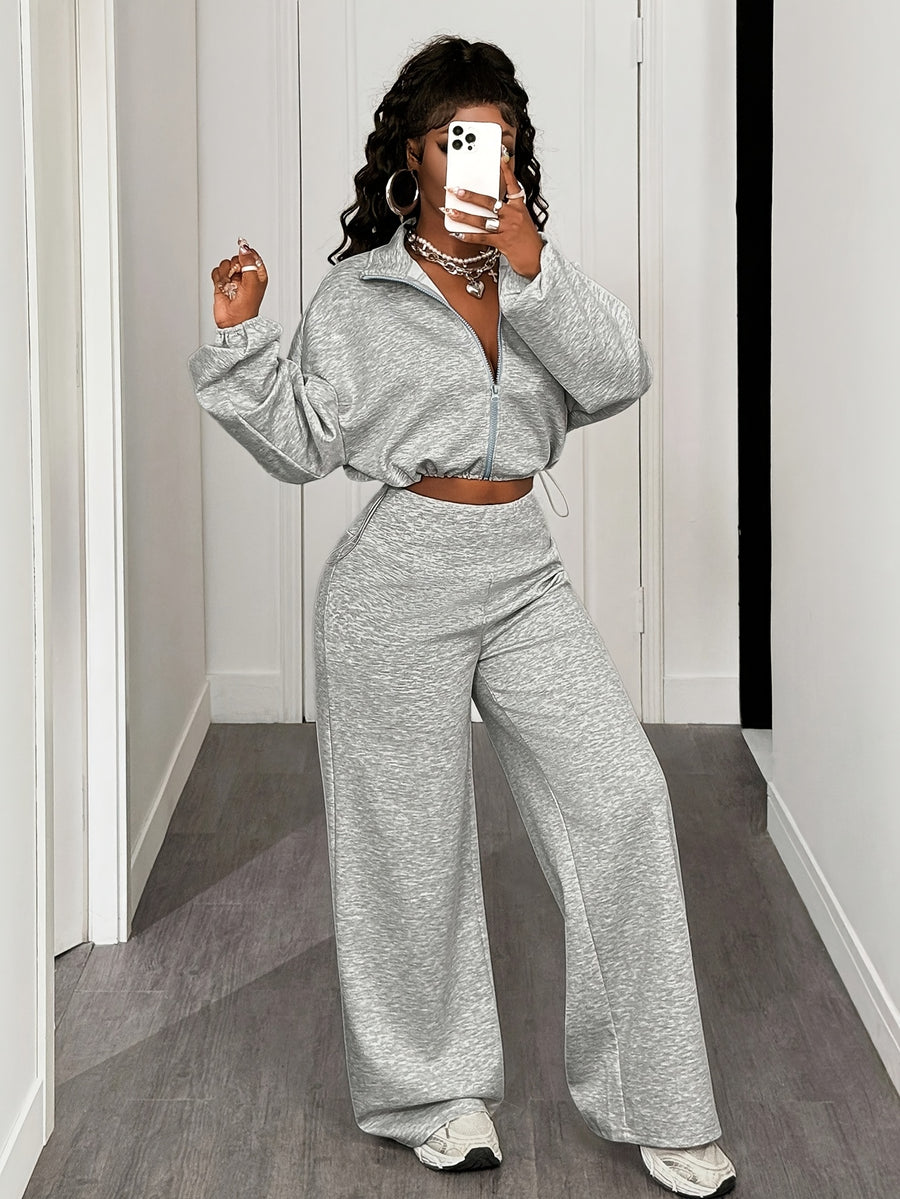 Women's Solid Color Long Sleeve Zip-Up Top and Wide Leg Pants Casual 2pcs Set, Daily Casual Sportswear Outfit - Light Grey