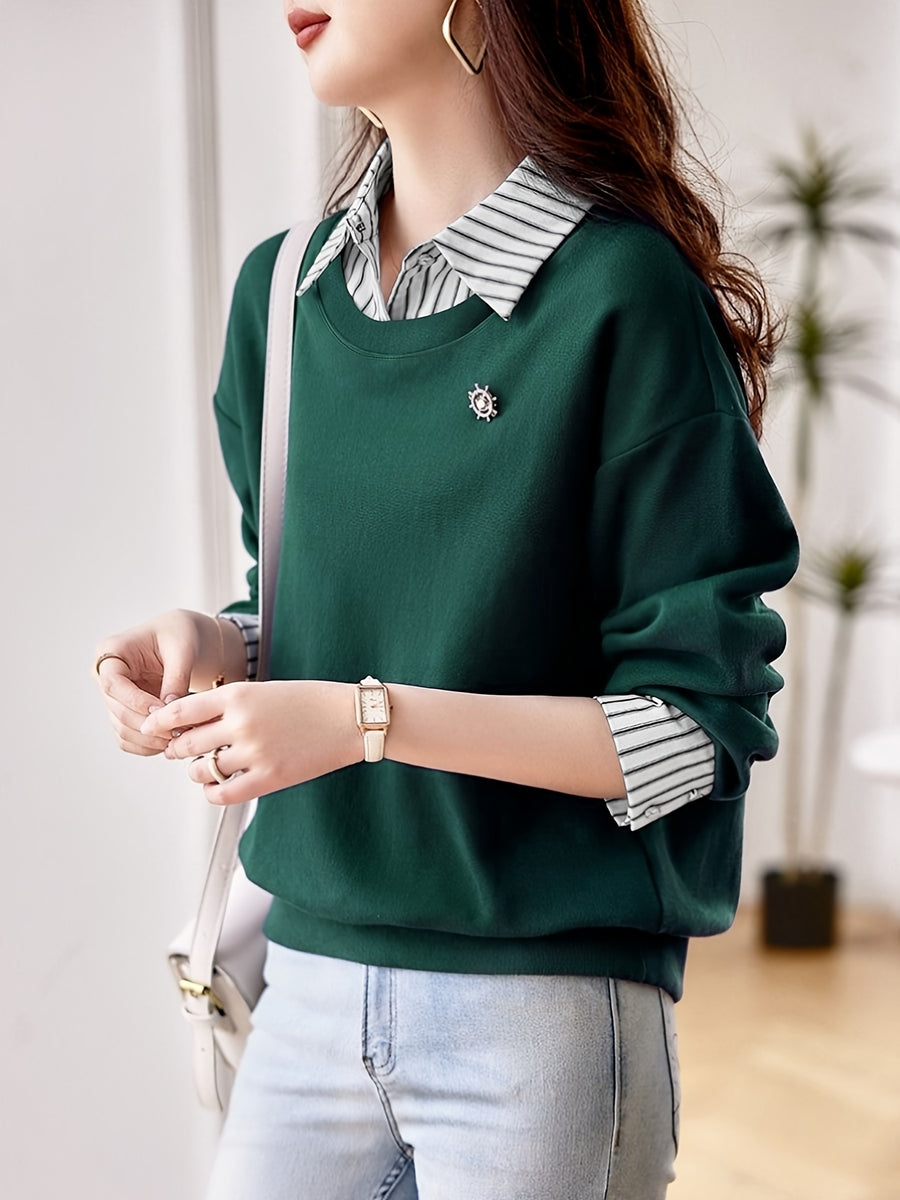 Women'S Fall Winter Casual Comfortable Fashion Long Sleeve Collared Striped Collar Polo Shirt - Dark Green