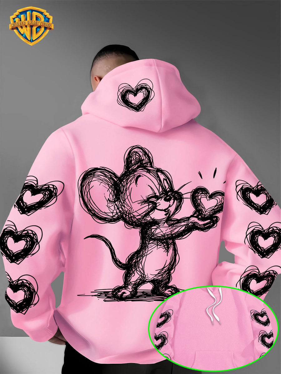 Warner Bros. Officially Licensed Men's Hoodie, Featuring Retro-style Cartoon Character Heart-shaped Pattern Design, Hand-drawn Sketch Art Print, Suitable for Casual Streetwear, Ideal for Daily Wear, for Travel or Weekend Outings - pink