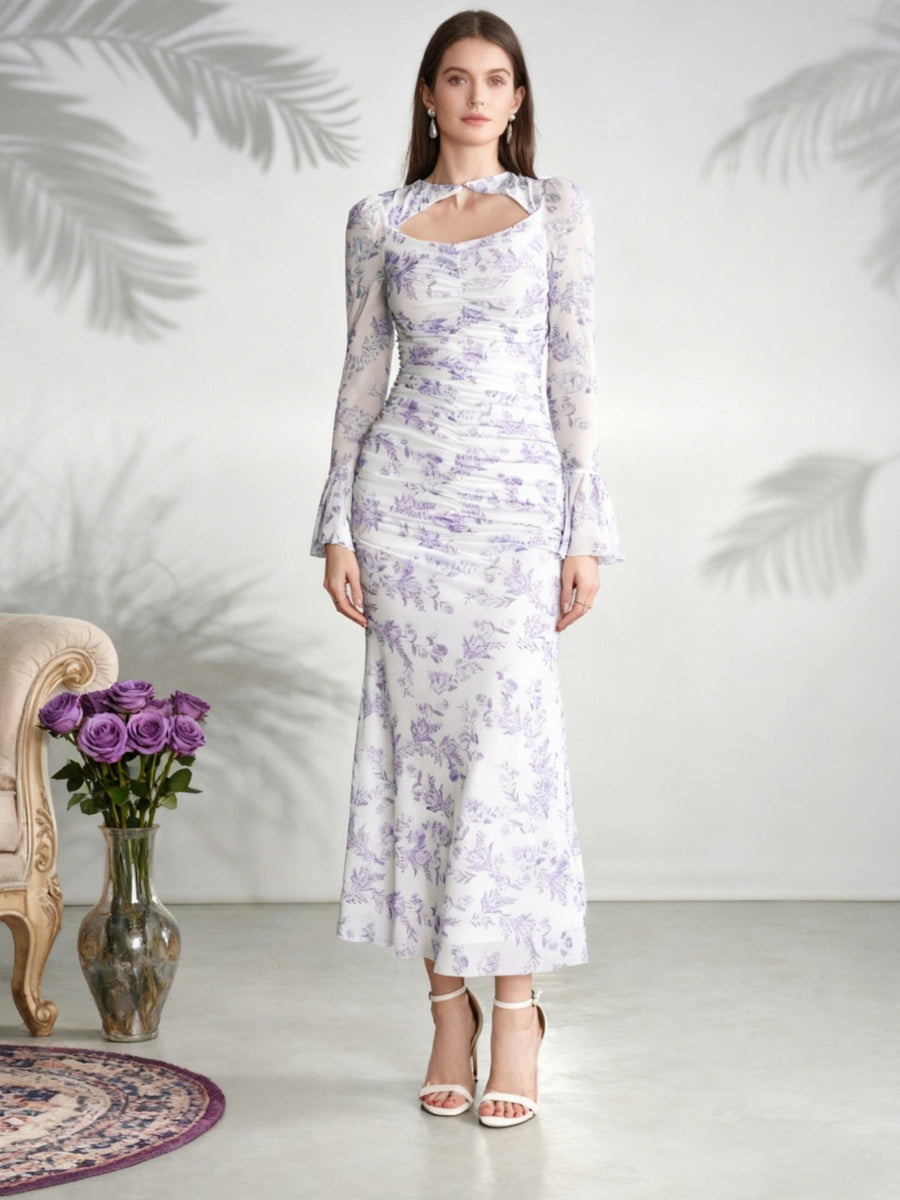 New Chinese Style Purple Floral Mesh Dress Women'S Hollow Careless Neck Pleated Waist Cinched Trumpet Sleeve Fish Tail Mid-Length Dress - White Purple