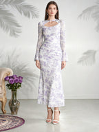 New Chinese Style Purple Floral Mesh Dress Women'S Hollow Careless Neck Pleated Waist Cinched Trumpet Sleeve Fish Tail Mid-Length Dress - White Purple