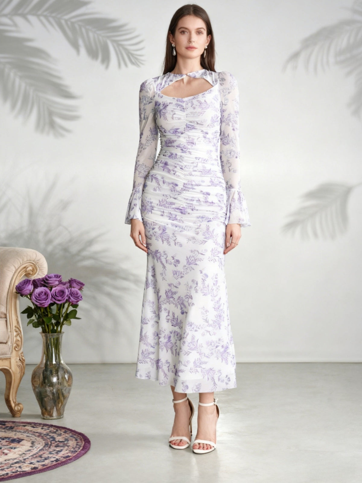 New Chinese Style Purple Floral Mesh Dress Women'S Hollow Careless Neck Pleated Waist Cinched Trumpet Sleeve Fish Tail Mid-Length Dress - White Purple