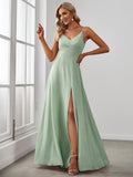 Women'S Sexy Side-Slit V-Neck Spaghetti Strap Chiffon A-Line Bridesmaid Dress - Light Green