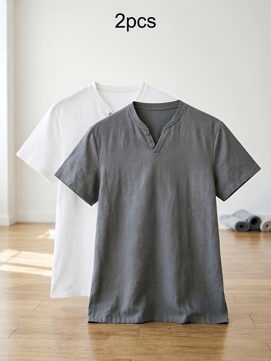 Men's Summer Linen T-Shirts 2pcs, Breathable Soft V-Neck Henley Short Sleeve Shirts, Loose Casual Beach Yoga Tops, Trendy Mens Casual Wear - White+gray