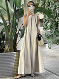 [Size for Regular Fit] Women's Simple Vacation Loose-Fit Comfortable Color-Block Contrast Trim Long Tank Dress - Apricot