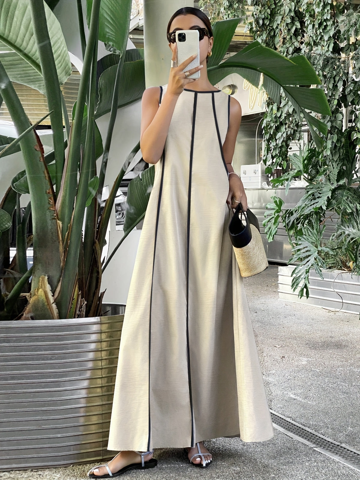 [Size for Regular Fit] Women's Simple Vacation Loose-Fit Comfortable Color-Block Contrast Trim Long Tank Dress - Apricot