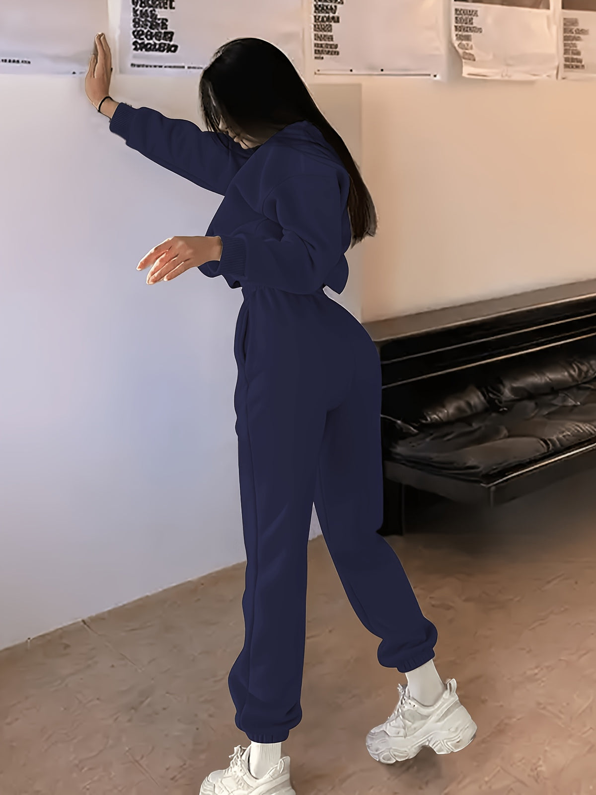 Spring And Autumn Women'S Fashion Casual Athletic Loose Sweatshirt Pants Set Embroidery Letter Design Indoor Outdoor Wear Clothing Sweatshirt Women - Navy Color