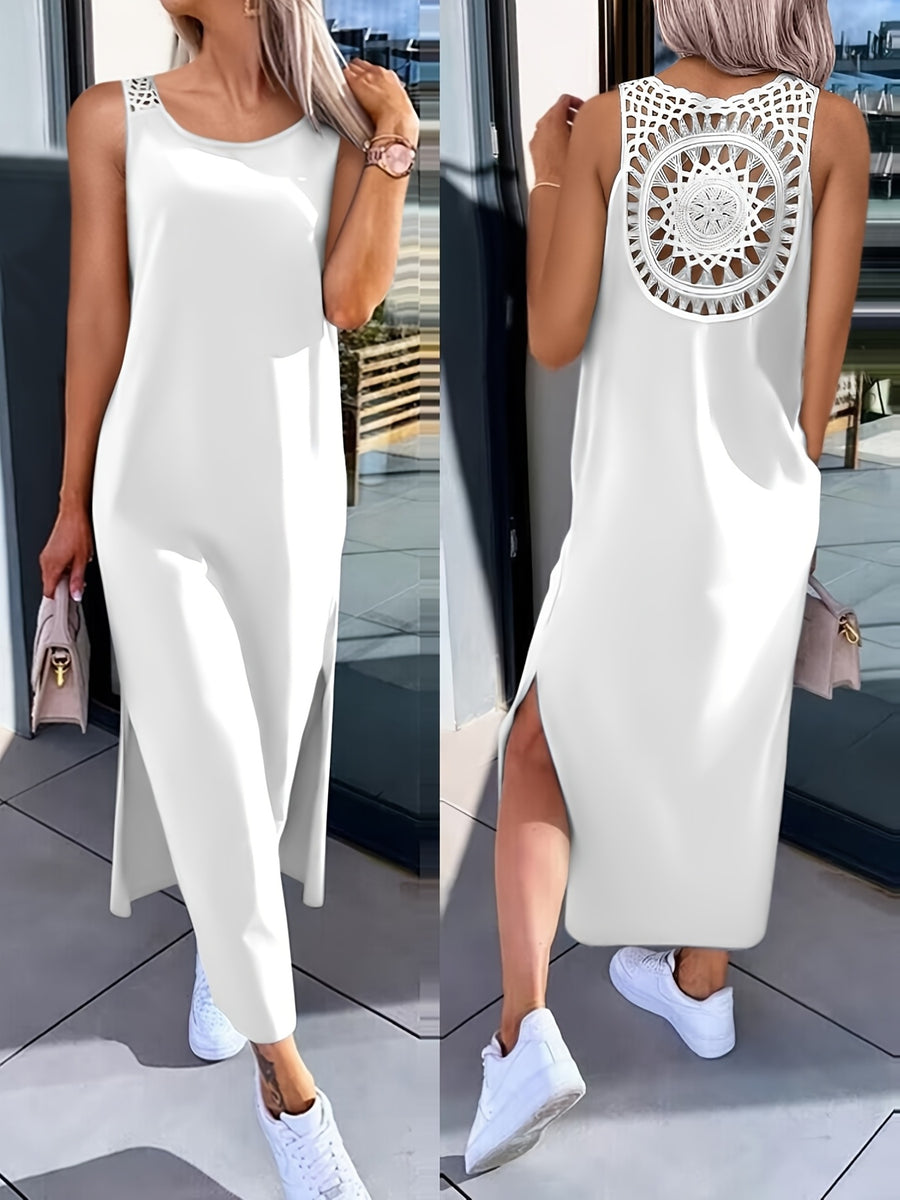 New Summer Back Hollow Lace Trim Solid Round Neck Tank Top Dress Women'S - White