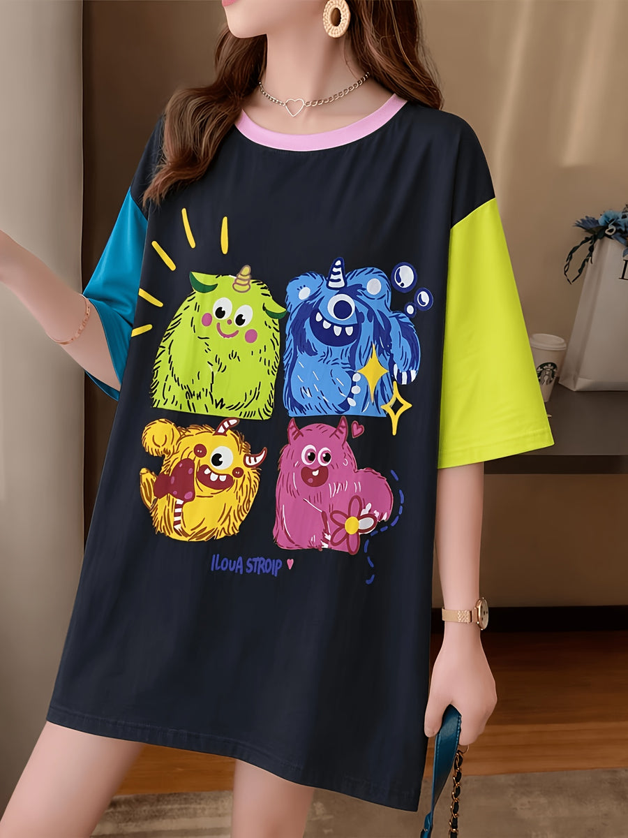 Summer New Large Size Loose Fashion Trend Slim Cartoon Round Neck Print Ladies Women's Medium and Long Short-sleeved T-shirt Clothes - K149-B