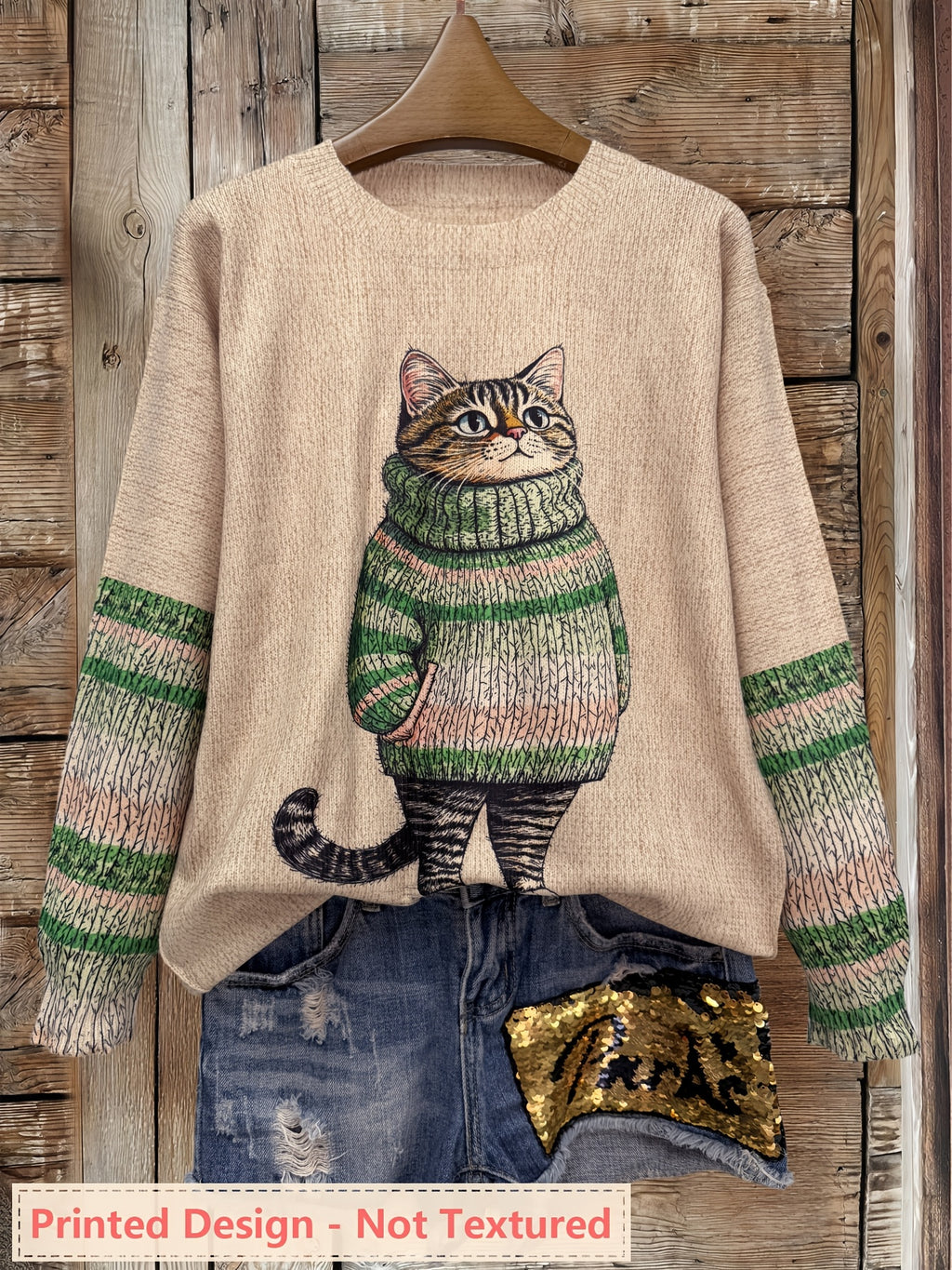 Plus Size - Plus Size - Plus Size Women'S for All Over Printed Long Sleeve Universal Crew Neck Lightweight Sweater, Trendy Wear, Cat Pattern, Perfect for Casual Elegance Style Outfits - Suitable for All Seasons - Green