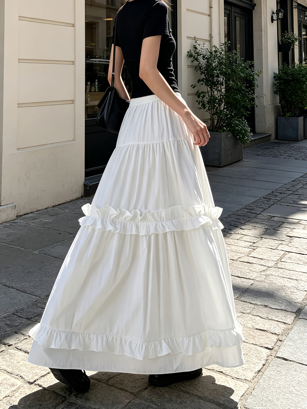 White Ruffle Hem Stretch Waist Multi-Layer Patchwork Elegant Solid Color Skirt for Women, New Spring/Autumn Long Patchwork Ruffle Hem Cake Dress - White