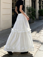 White Ruffle Hem Stretch Waist Multi-Layer Patchwork Elegant Solid Color Skirt for Women, New Spring/Autumn Long Patchwork Ruffle Hem Cake Dress - White