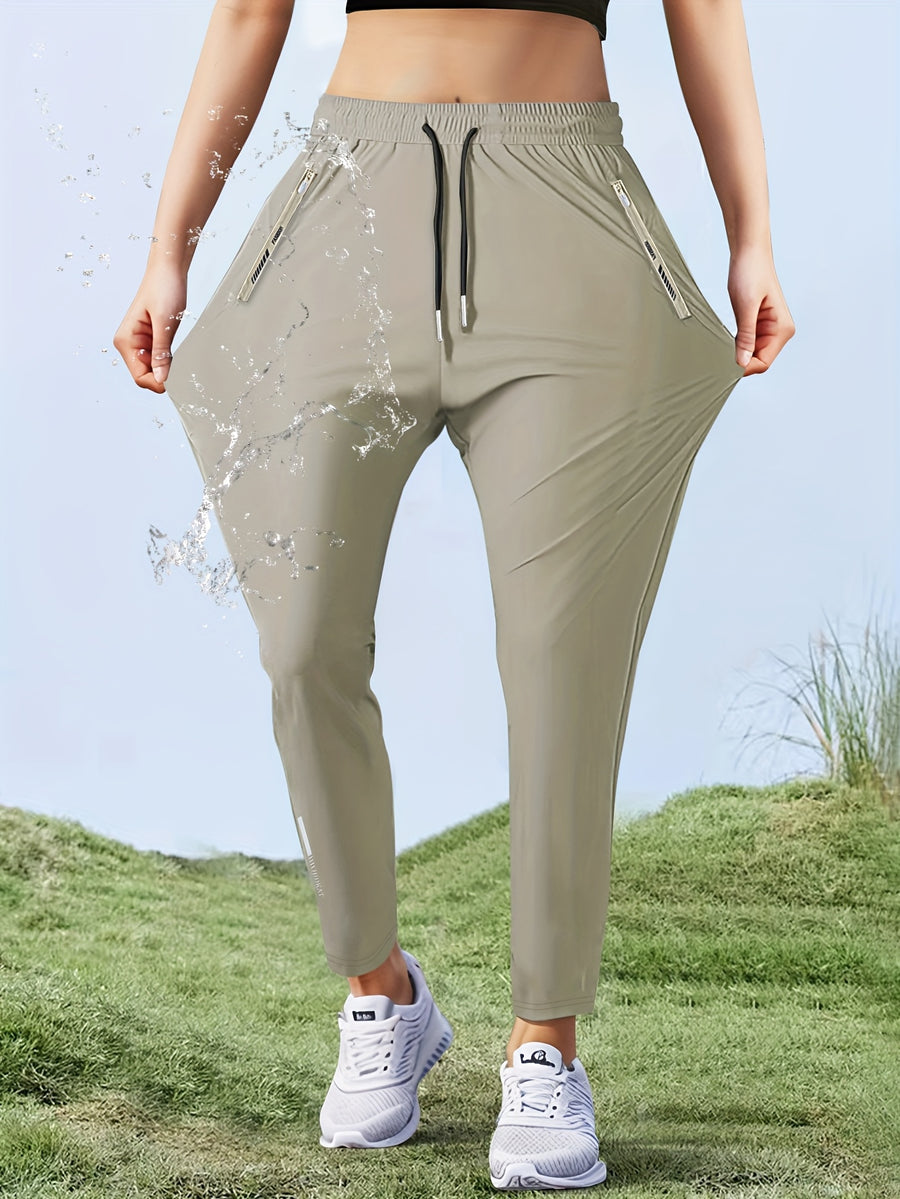 Women'S High-Elasticity Straight-Leg Fiber Pants | Casual Solid Color Long Length with Drawstring Waist, Zipper Pocket, Quick-Dry for Spring/Fall - Khaki