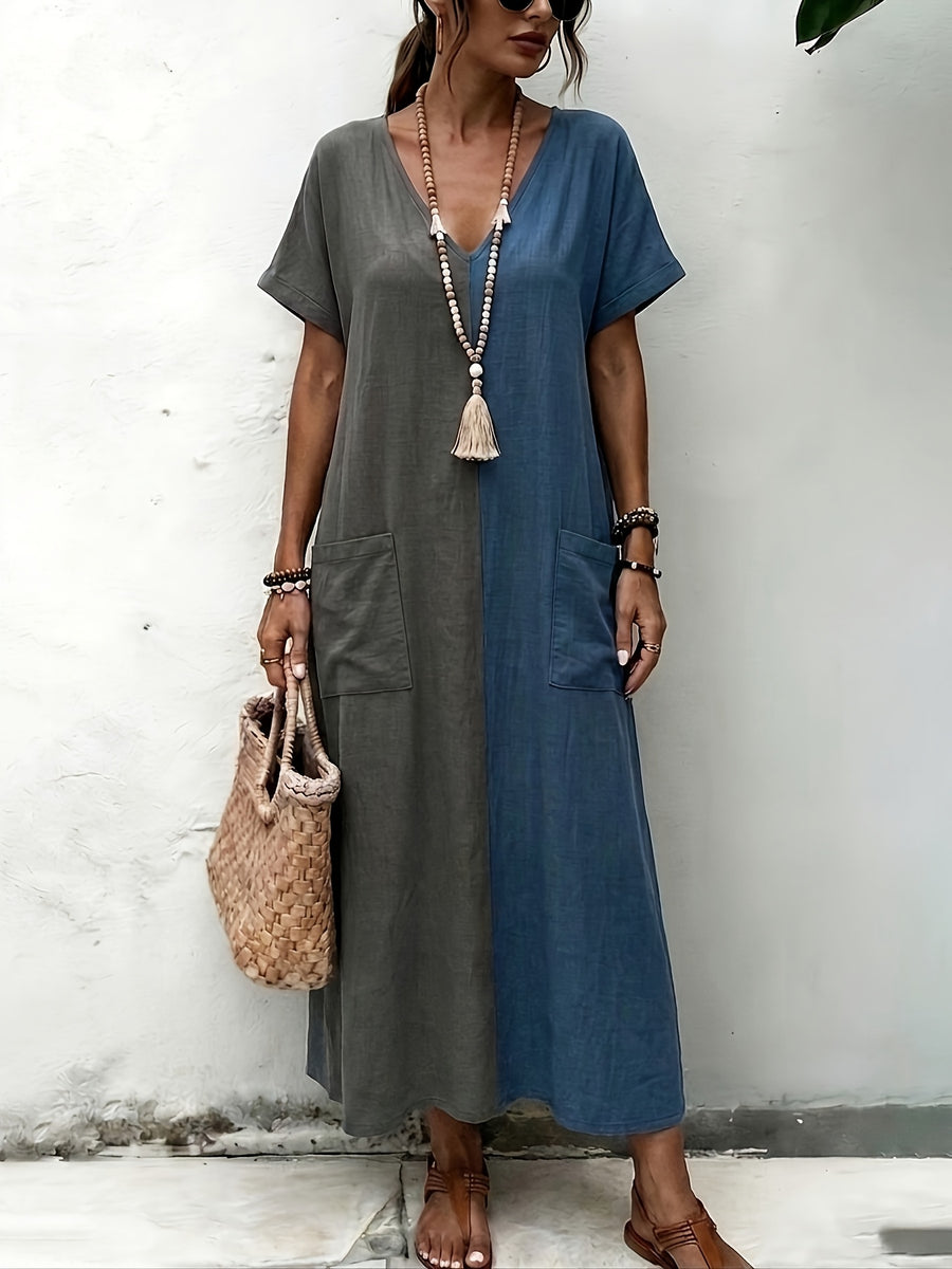 Plus Size, Bohemian Color-Block Vacation Style Patchwork Maxi Dress, V-Neck Loose Fit Fashionable Vintage Plus Size Dress - Dark Gray