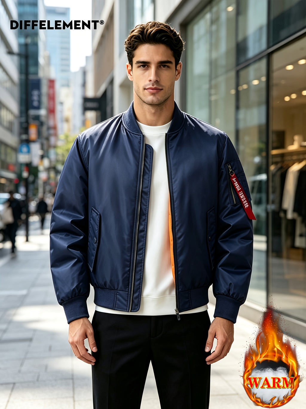 DIFFELEMENT Men's Baseball Collar Flight Jacket, Windproof, Wrinkle-Resistant, Wear-Resistant, Woven Fabric, Smooth Zipper Closure, Ribbed Cuffs and Hem, Sleeves with Pockets, Red Ribbon Accent, Loose Casual Fit, Suitable for Urban Commuting - Blue