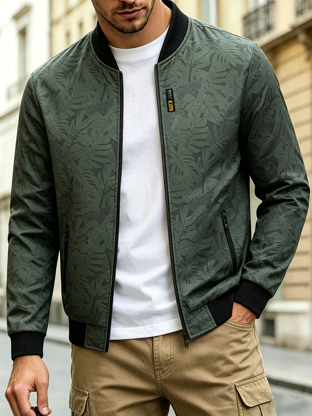 Men's Baseball Collar Print Casual Jacket, Outdoor Windproof Coat with Zipper Pockets Warm Soft Jacket - fern green