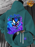 Warner Bros Official 1pc Cyber Purple-Blue Flame Background Grimace The Devil Graffiti Font Casual Hoodie - Men's Fashion Hoodie, Double-Sided Front and Back Print, Adjustable Drawstring Loose and Comfortable Sweatshirt, Suitable for Daily - Green