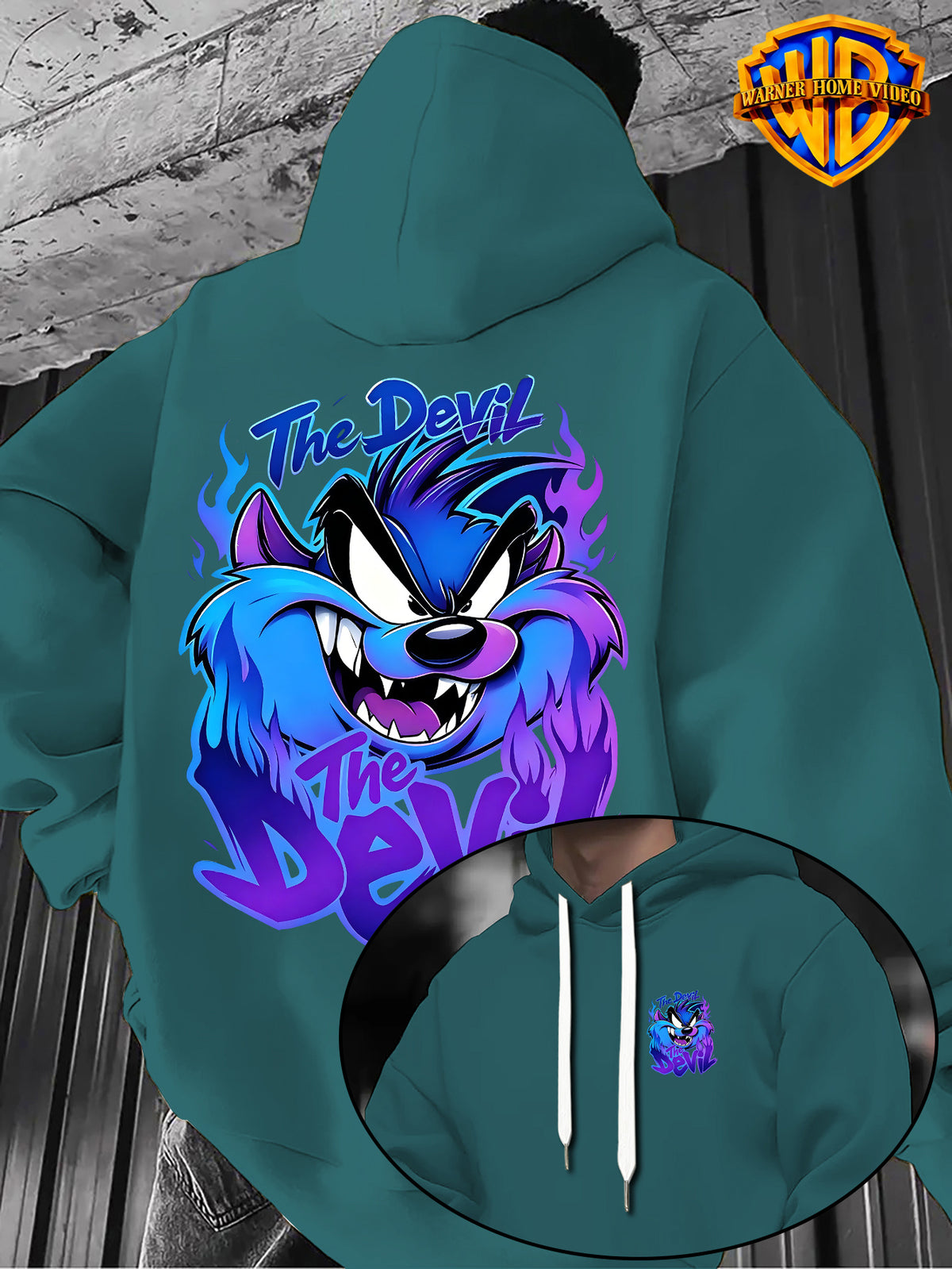 Warner Bros Official 1pc Cyber Purple-Blue Flame Background Grimace The Devil Graffiti Font Casual Hoodie - Men's Fashion Hoodie, Double-Sided Front and Back Print, Adjustable Drawstring Loose and Comfortable Sweatshirt, Suitable for Daily - Green