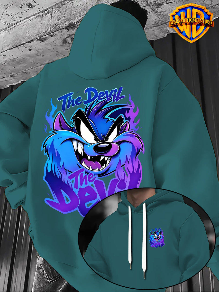 Warner Bros Official 1pc Cyber Purple-Blue Flame Background Grimace The Devil Graffiti Font Casual Hoodie - Men's Fashion Hoodie, Double-Sided Front and Back Print, Adjustable Drawstring Loose and Comfortable Sweatshirt, Suitable for Daily - Green