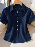 New Women's Top, Solid Color Short-Sleeve Casual Shirt for Women, Elegant and Casual Women's Blouse, Suitable for Commuting, Outings, and the Office - Navy Color