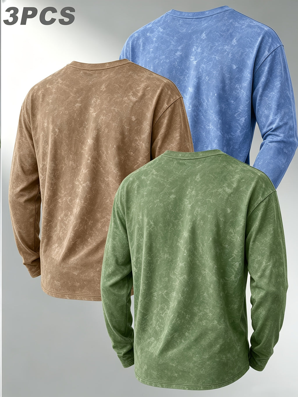 Pearson OBM Three-pc American Vintage Distressed Long-Sleeve T-Shirt, Men's Versatile Crew Neck Base Layer Top, Trendy Casual Long-Sleeve Inner Wear - Green + Blue + Khaki