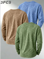 Pearson OBM Three-pc American Vintage Distressed Long-Sleeve T-Shirt, Men's Versatile Crew Neck Base Layer Top, Trendy Casual Long-Sleeve Inner Wear - Green + Blue + Khaki