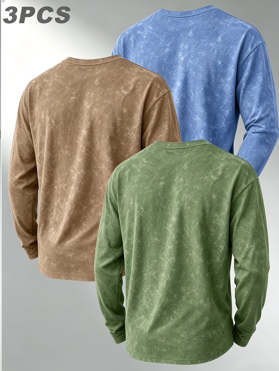 Pearson OBM Three-pc American Vintage Distressed Long-Sleeve T-Shirt, Men's Versatile Crew Neck Base Layer Top, Trendy Casual Long-Sleeve Inner Wear - Green + Blue + Khaki