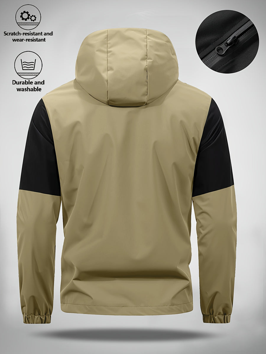 Men's Hooded Jacket with Bull Logo Colorblock Hooded Outdoor Jacket, Men's Sporty Casual Outerwear, JK1859 - Khaki