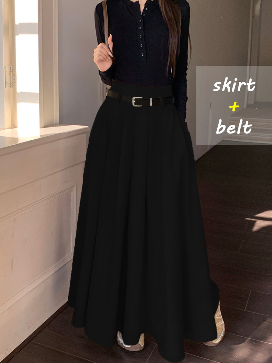 Fashionable, Elegant, and Graceful Pleated Midi/maxi Skirt for Workplace, Daily Wear, Commuting, and Office Use. Simple, Form-fitting Design Suitable for Spring and Autumn - Black