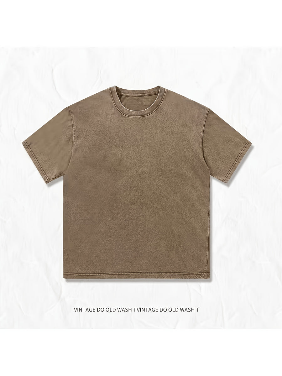 3pcs Summer Men'S Heavyweight 100% T-Shirt Set - Retro Washed Street Style Loose Round Neck Short Sleeve, Breathable All-Season Casual Tee - Combination 1
