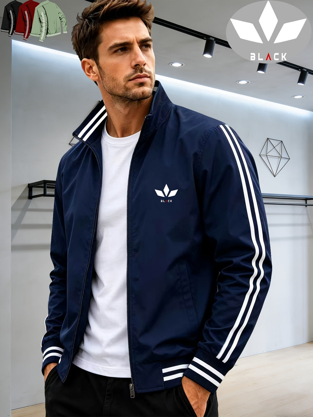 Men's Spring/Autumn Stand Collar Baseball Jacket with "BLACK" Lettering and Diamond Pattern Print, Zipper Front with Contrast Stripes, Lightweight Casual Windproof Sports Jacket - Sea Blue