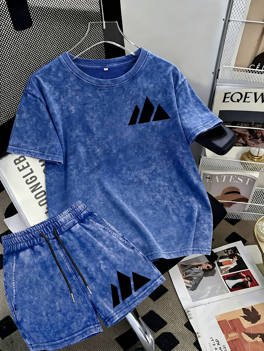 Summer Trendy Distressed Washed Short Sleeve Shorts Drawstring Women's Set, Minimalist Mountain Peak Line Drawing Print, Minimalist Outdoor Style, Artistic and Fresh Style, Forest-Inspired Natural Style, Comfortable for Hot Weather - Royal Blue 2