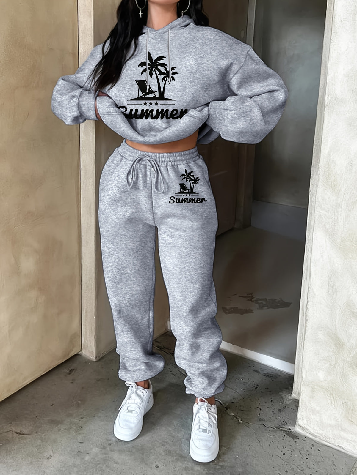 Women's Fashion Casual Summer Vacation Style Printed Hoodie Sweatshirt and Joggers Set - Grey