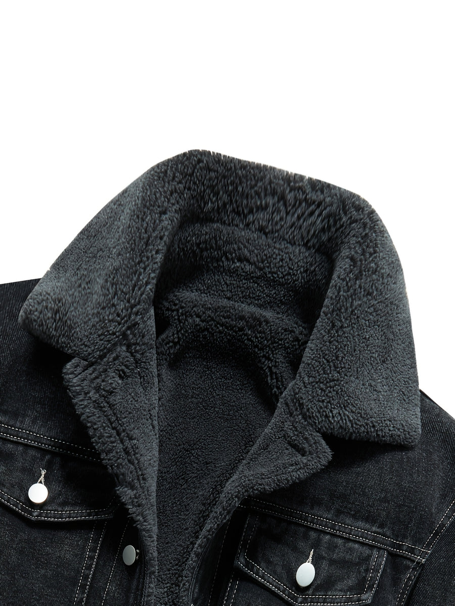 Men's Lapel Fleece-Lined Denim Jacket, Thickened for Locking in Heat and Cold Resistance, Washed and Wear-Resistant Denim Woven Fabric, Regular Vintage Workwear Fit, Autumn/Winter Streetwear, Motorcycle, Commuting, and Daily Wear, Full Lining - Deep Grey