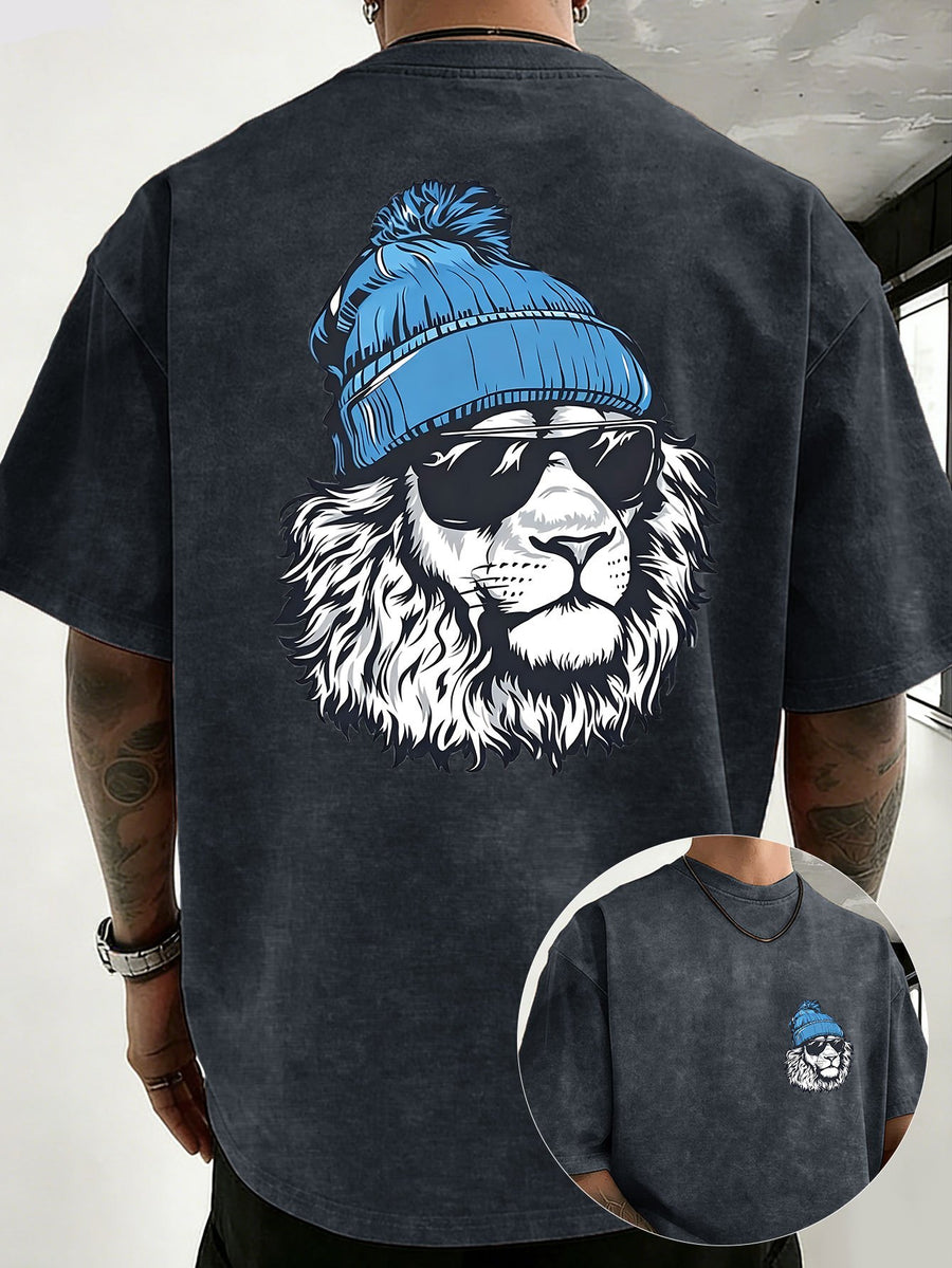 Men's Heavyweight Washed Distressed Loose-Fit Short-Sleeve T-Shirt with Reversible Print, Available in 12 Colors for Mix & Match, National Trend Y2K Style for Daily Commuting, Sports, Fitness, Couples, Streetwear, and Outings - Navy Color