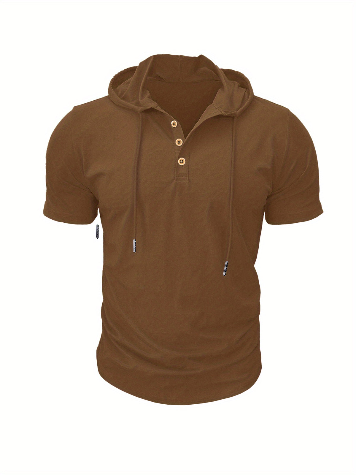 A Single Piece Men'S Casual Hooded Henley Shirt, Lightweight Sports T-Shirt for Summer That Wicks Moisture And Is Breathable, Featuring a Solid Color, Short Sleeves, Button Details at The Neckline, Adjustable Drawstrings for The Hood, Regular Fit - Brown
